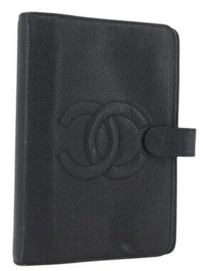 CHANEL Day Planner Cover Grained Calf Skin Black Gold CC Auth BA10875